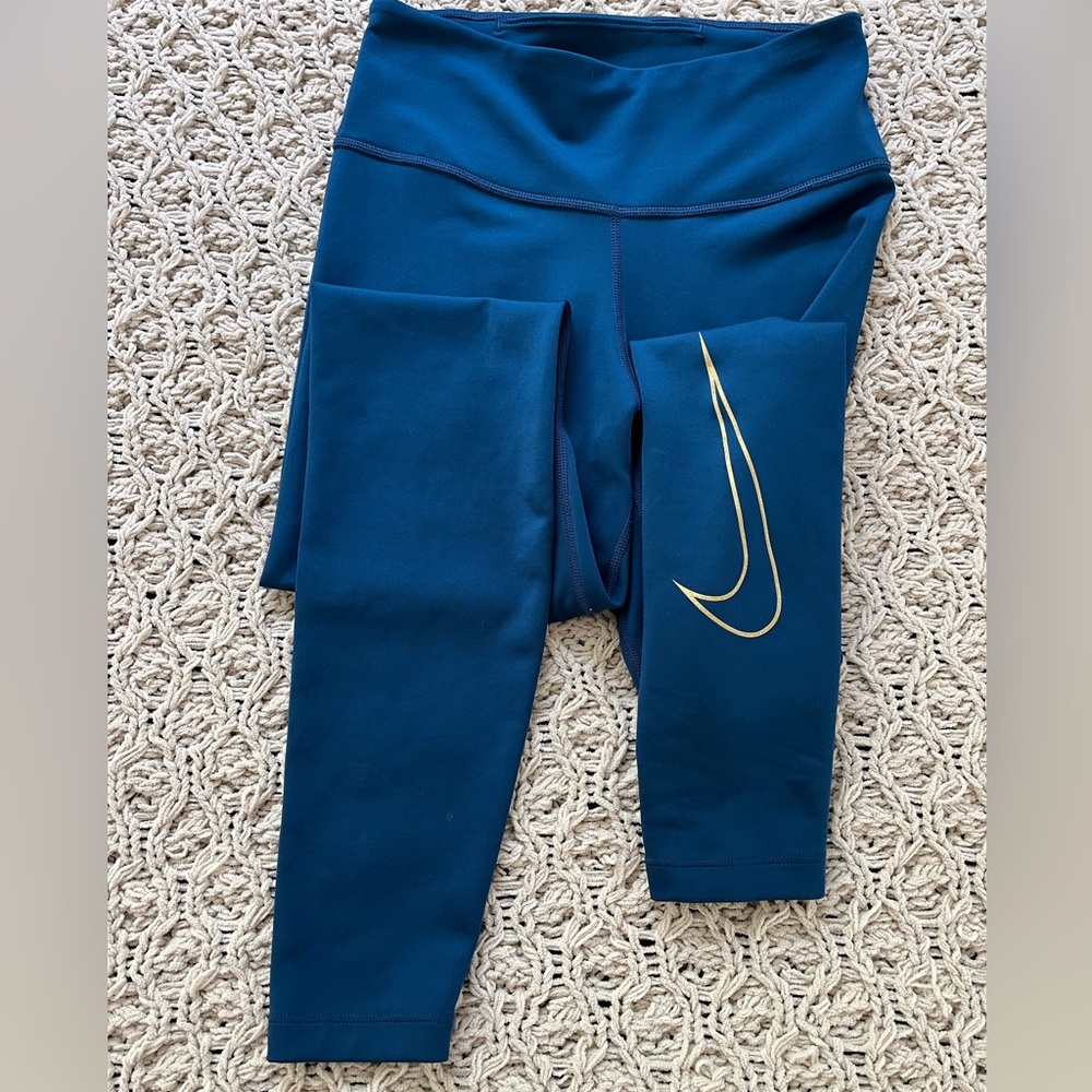 NIKE Dri-Fit Dark Teal Blue Leggings Yoga Pants Gold Logo XS Athletic Running